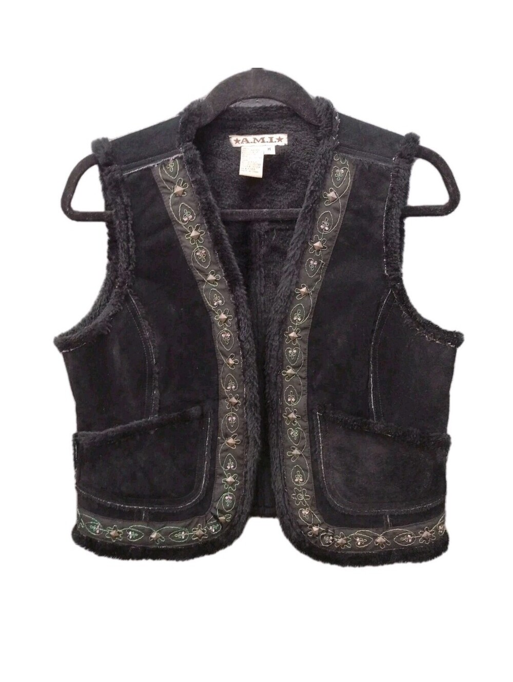 A.M.I. Y2K Black Suede Leather Vest Faux Fur Embroidered Studded Western M